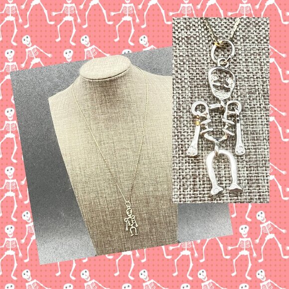 Halloween Articulated Skeleton Necklace Pendant 18 In Silver Rhinestone Bling - Picture 1 of 12